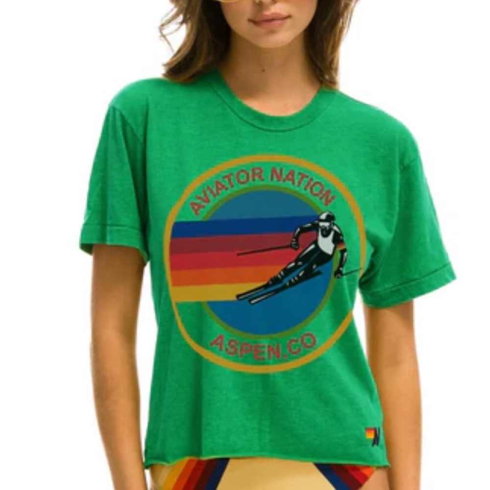 Aviator Nation Aspen Green Boyfriend Tee with Ski Graphic